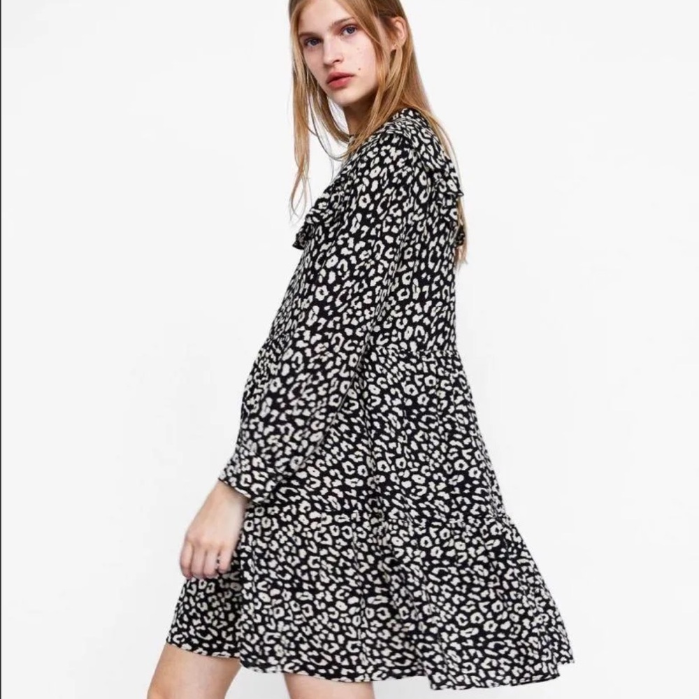 ZARA Premium Denim Collection Animal Print Ruffled Baby Doll Dress, Size L